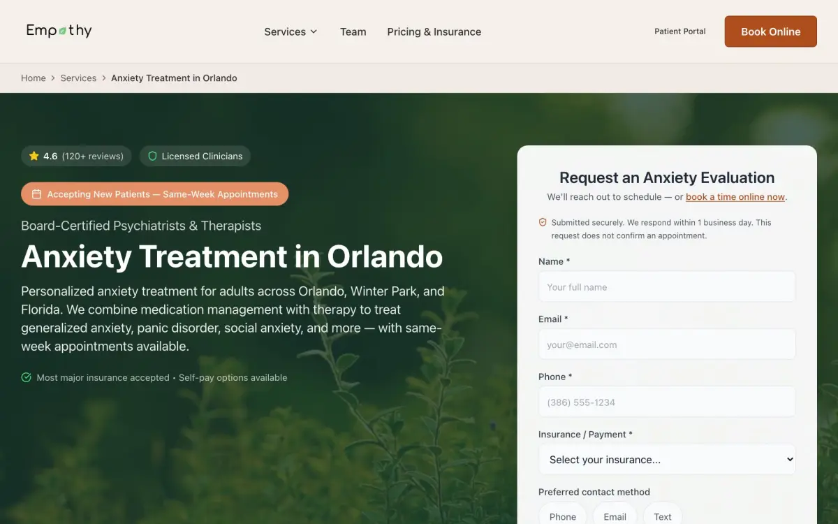 Empathy Health Clinic anxiety treatment page with same-week appointments and an evaluation request form