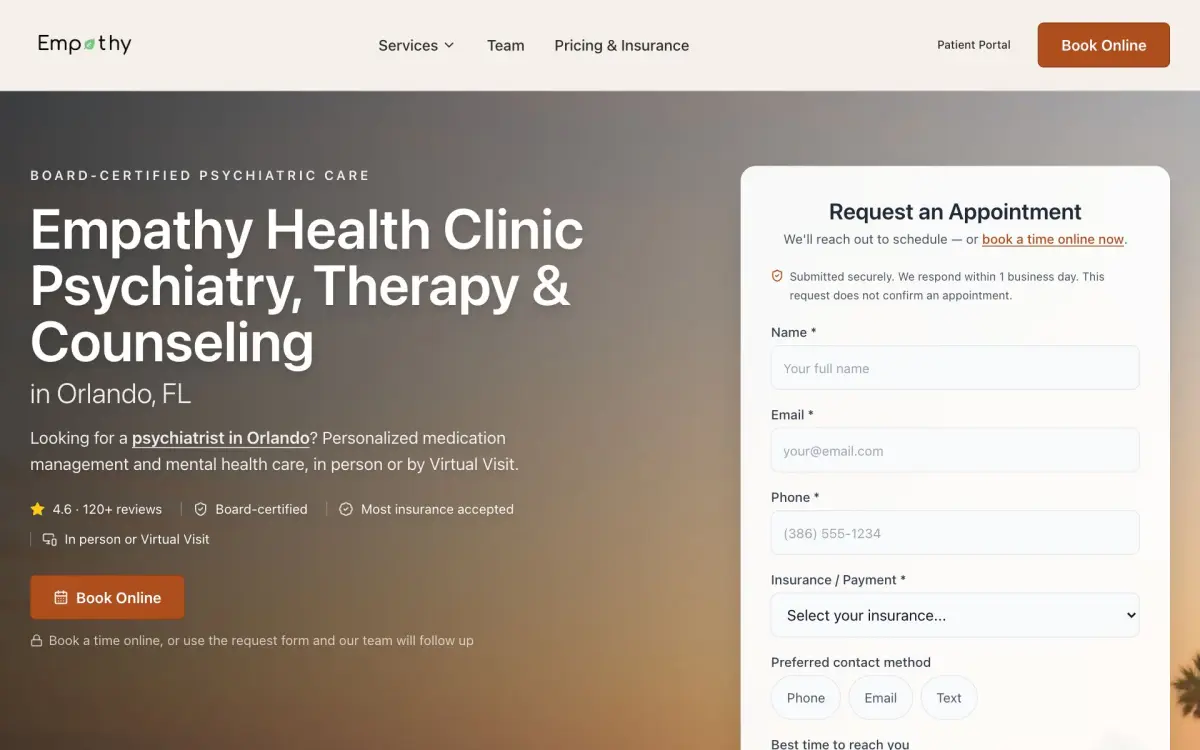 Empathy Health Clinic homepage: Psychiatry, Therapy & Counseling in Orlando with a request-an-appointment form