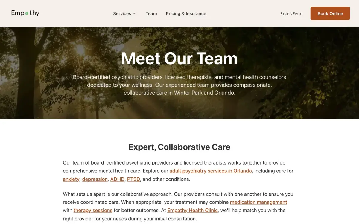 Empathy Health Clinic team page listing the practice's clinicians