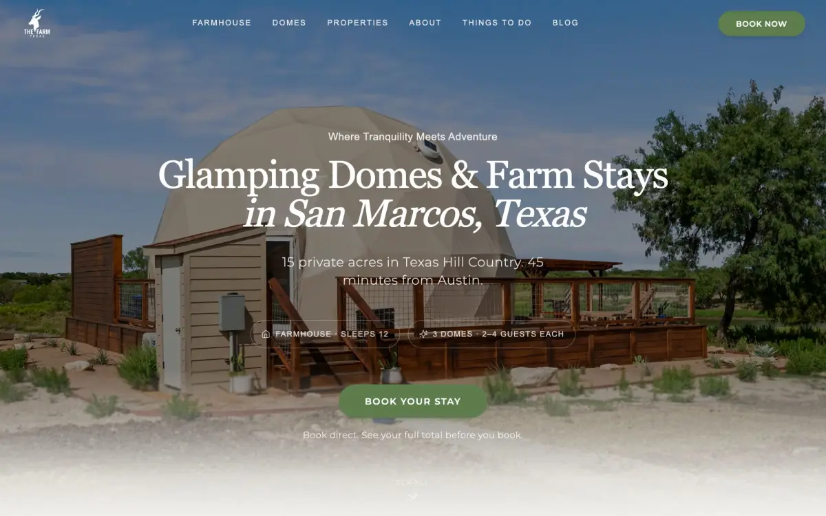 The Farm Texas homepage with glamping domes hero